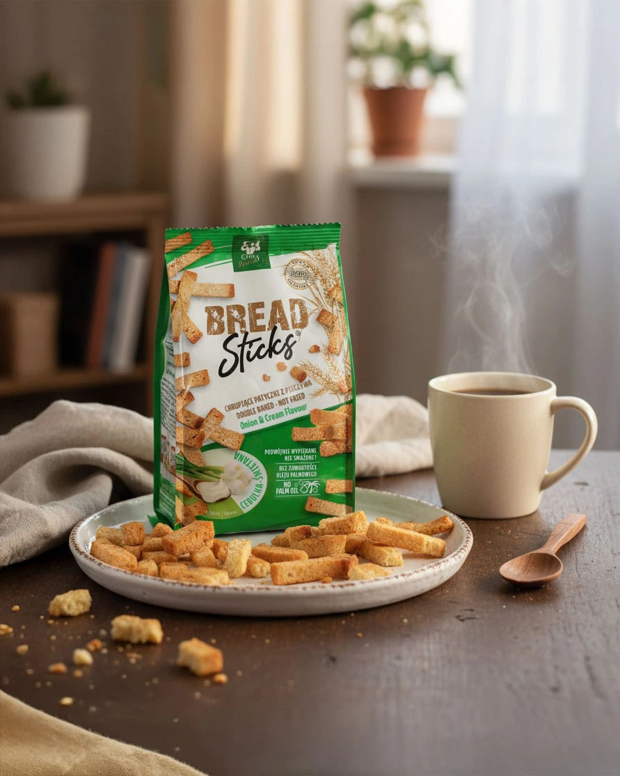 Bread Sticks Przekąska Cebulka & Śmietana chlebowa zdrowa przekąska do szkoły
